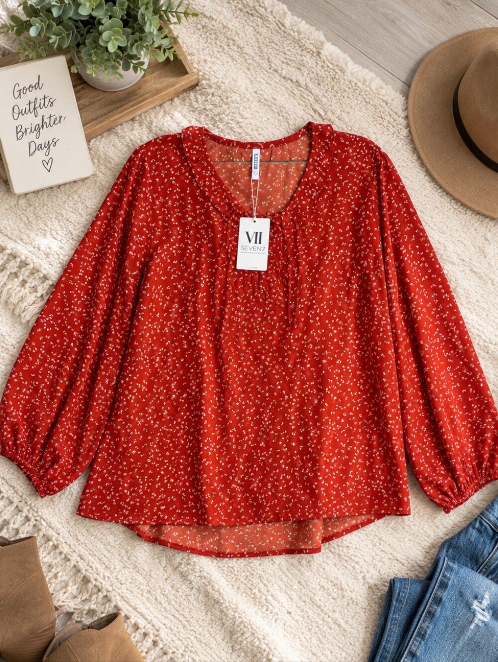 Red Floral Blouse Womens Long Sleeve Ditsy Print Ruffle NWT Romantic Top 2XL‎